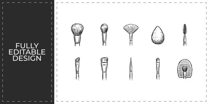 Hand drawn makeup brush and cosmetic applicator icon set featuring various beauty tools for salon and professional artist illustration doodle vector sketch