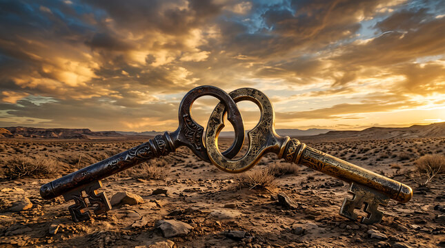 Two ornate vintage keys interlocked in a vast desert landscape at sunset