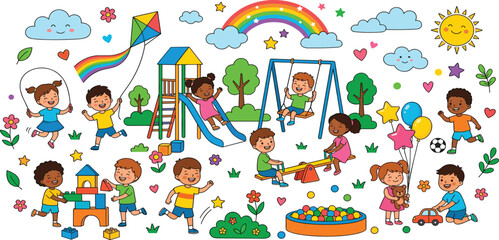 Fototapeta premium Happy Children Playing Outdoor Playground Collection Featuring Swings Slide Seesaw Ball Games and Colorful Kids Vector Illustration