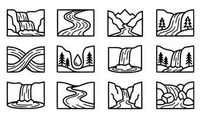 Generic majestic waterfalls and river streams vector icon set with simple bold line art classic complete unbranded cascading water cliffside winding river creek and natural landscape clip art black an © Mdsahag