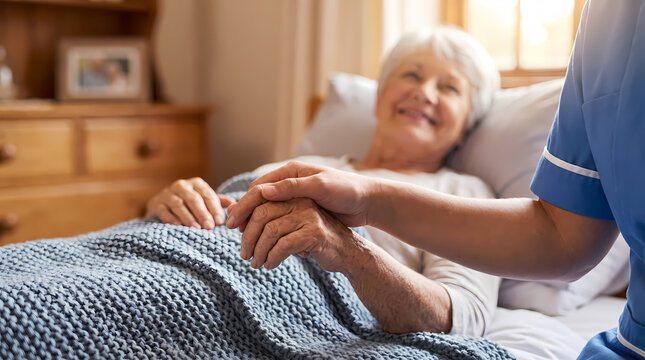 smiling elderly woman in bed with caregiver holding hand.blue knit blanket dresser photo frames bedroom background
