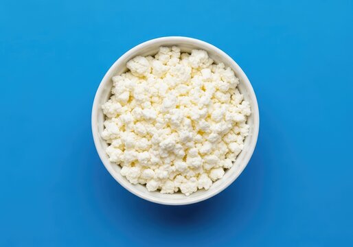 A top view of creamy white cottage cheese served in a round bowl centered on a vibrant blue background, highlighting its rich curd texture, still life, ingredients, breakfast