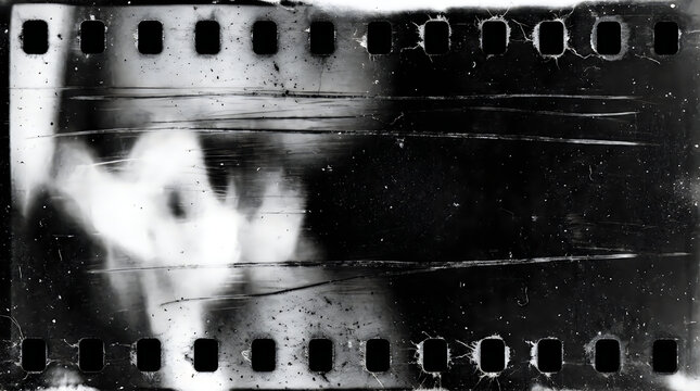 Close up of a damaged film strip with scratches and holes in black and white photography film  old movie film strip with visible sprocket holes and scratches on surface