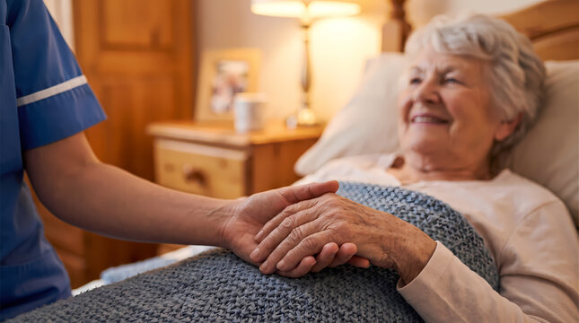 caregiver hand holding elderly woman hand in bed.cozy bedroom with nightstand and lamp background home care