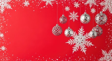 Fototapeta premium A vibrant red festive background featuring elegant hanging ornaments and white snowflakes. Perfect for winter celebrations and seasonal joy, bright, invitation, ice