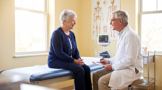 senior woman patient talking to doctor in yellow toned exam room.anatomy skeleton poster and window background
