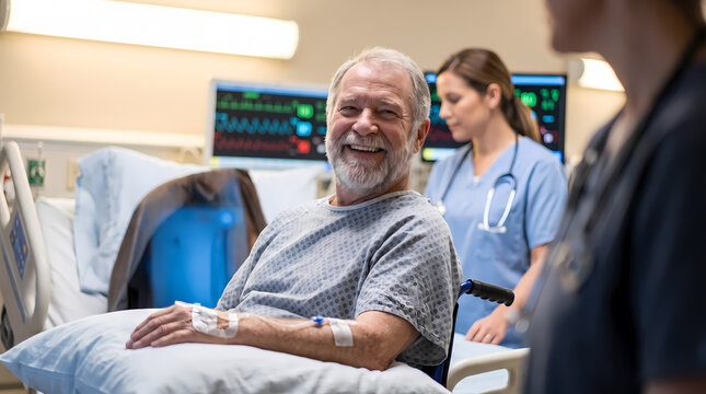 smiling senior man sitting up in hospital bed with IV.nurses attending nearby with medical monitors background