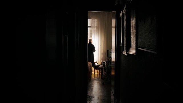 Silhouette of a lonely senior woman petting her loyal dog while looking out the window of her dark, old-fashioned apartment, finding comfort and companionship in her faithful pet