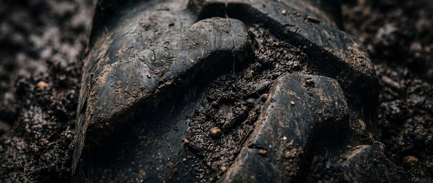 Close up of heavy duty tractor tire tread deeply embedded in wet dark mud with textured surface and dirt clinging to rubber lug details.