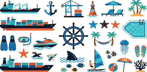Marine and Summer Beach Icon Collection Featuring Cargo Ships Nautical Symbols Tropical Vacation and Ocean Activities Vector Illustration Set © Jaba