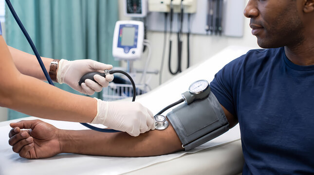 nurse checking male patient blood pressure with manual cuff.stethoscope and hospital bed monitor background