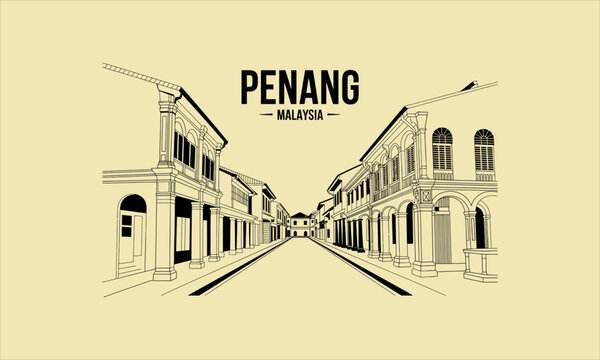 Perspective line of penang street with heritage shophouses in malaysia architecture