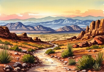 Obraz premium Atmospheric watercolor painting of a vast ancient landscape showing a winding desert path toward distant mountains under a soft golden sky, landscape, light, golden