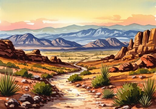 Atmospheric watercolor painting of a vast ancient landscape showing a winding desert path toward distant mountains under a soft golden sky, landscape, light, golden