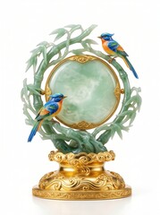 Fototapeta premium Luxury celadon jade sculpture featuring two colorful songbirds resting on bamboo branches, translucent jade disc, polished metallic gold cloud pedestal, elegant oriental home decor