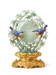 Fototapeta premium Luxury celadon jade sculpture featuring two colorful songbirds resting on bamboo branches, translucent jade disc, polished metallic gold cloud pedestal, elegant oriental home decor
