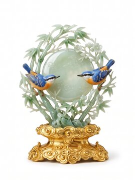 Luxury celadon jade sculpture featuring two colorful songbirds resting on bamboo branches, translucent jade disc, polished metallic gold cloud pedestal, elegant oriental home decor