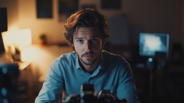 Casual Man Recording Video in Living Room Setup