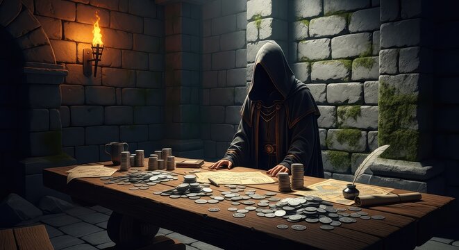 Dark robes surround a table with silver coins in a dimly lit stone chamber creating an atmosphere of secret plots and ancient history, faith, secret, heavy