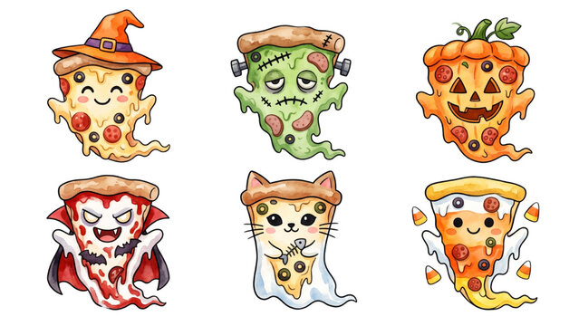 Cute Halloween Ghost Characters with Pizza Slices Vector Set Isolated on Transparent Background