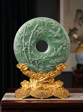 Premium jade bi ornament with realistic bamboo stems, graceful birds and luxurious golden cloud pedestal, elegant oriental style, soft studio lighting, ultra detailed, photostock ready.
