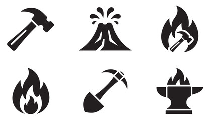 Black forge icons including hot anvil burning hammer shovel and volcano eruption symbols. © MDNAZMUL