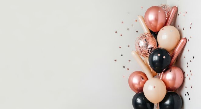 Elegant rose gold, black, and cream balloons are arranged in a corner with sparkling star confetti over a clean, neutral background, decoration, birthday, metallic