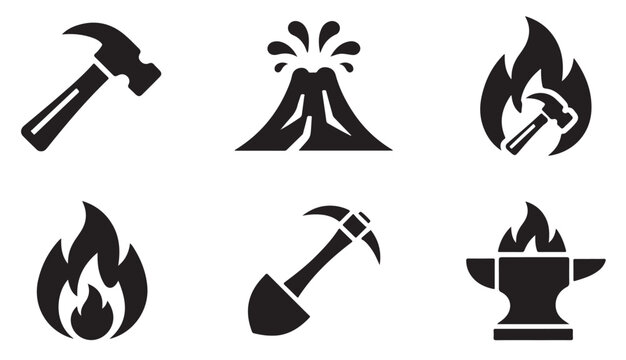 Black forge icons including hot anvil burning hammer shovel and volcano eruption symbols.