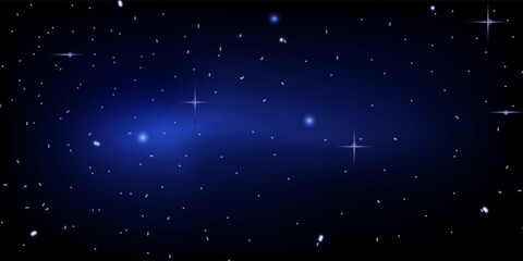 PrintStarry night sky background with glowing stars, cosmic dust, and blue nebula clouds, abstract vector illustration. Magical space atmosphere, realistic sparkle effect and falling or flying meteor © fais