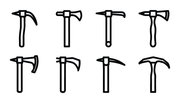 Set of black line icons depicting various mining picks and axes for different industrial tasks.