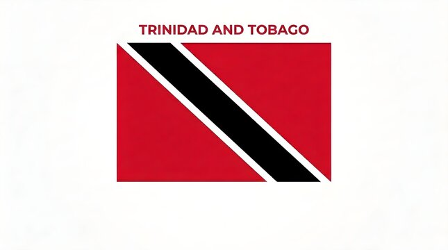 Trinidad and Tobago national flag displayed in a minimalist white layout, featuring a rich red field with a central black diagonal stripe edged in white and a compact country-name label positioned abo