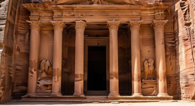 Majestic ancient stone facade featuring a narrow entrance walkway flanked by weathered vertical columns and monumental historic masonry walls, monument, shadow, excavation