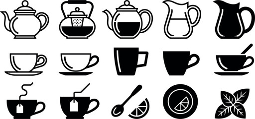 Hot Tea and Coffee Icon Set Featuring Ceramic Teapots Glass Infuser Kettle Cups Saucers Milk Pitchers Mint Leaves Lemon Slices and Spoon Silhouette Vector Graphics © Donal! 