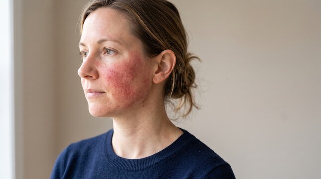 Side profile of a woman with red flushed skin inflammation on her cheek sensitive skin inflammation dermatology