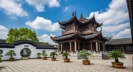 Fototapeta premium Traditional Chinese Pavilion with Curved Roofs and Garden Setting