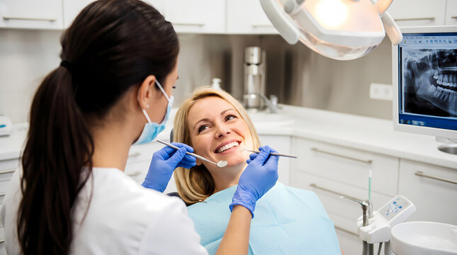 female dentist examining smiling patient with gloves and mask.monitor showing dental x-ray overhead light background
