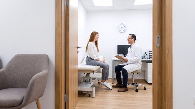 doorway view of doctor consulting patient in exam room.computer and wall clock visible inside clinic office
