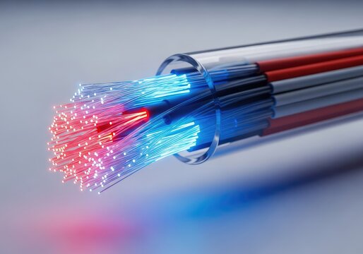 Vibrant optical fiber cable featuring glowing red and blue light strands symbolizing high-speed digital data transfer and internet access, digital, infrastructure, strands