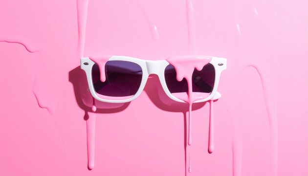 White sunglasses with dripping pink paint, surreal and artistic fashion concept