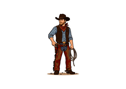 Traditional western cowboy wearing classic leather chaps and a brown hat while holding a rope lasso in a desert frontier