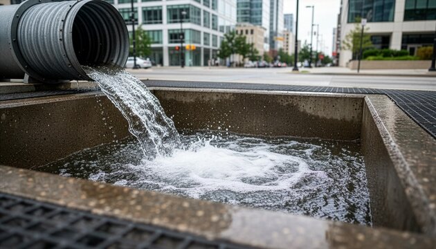 Water pouring from a large corrugated metal pipe into a concrete urban retention storm drain basin on a city roadside with a blurred street and commercial buildings background