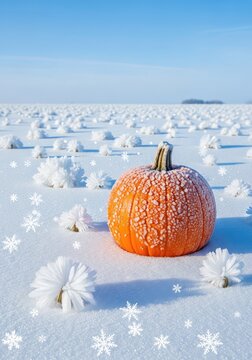 A frosted orange pumpkin rests in a frozen field covered in delicate ice flowers and crystalline snowflakes under a cold blue winter sky, flora, holiday, outdoor