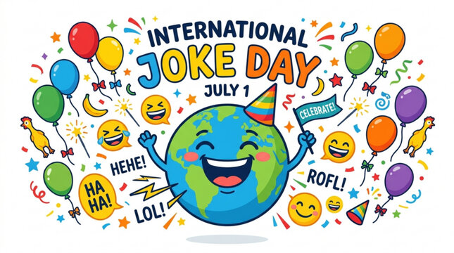 International Joke Day illustration with happy Earth character balloons confetti and laughter symbols celebrating humor and fun on July 1st