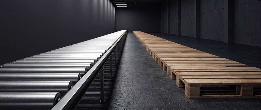 Long conveyor belt system alongside stack of wooden pallets in a dimly lit warehouse environment.