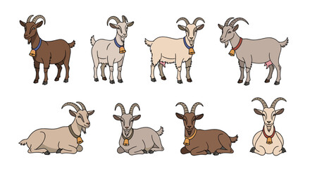 Fototapeta premium Set of eight cartoon goats with different fur colors and bells on their collars in standing and sitting poses.