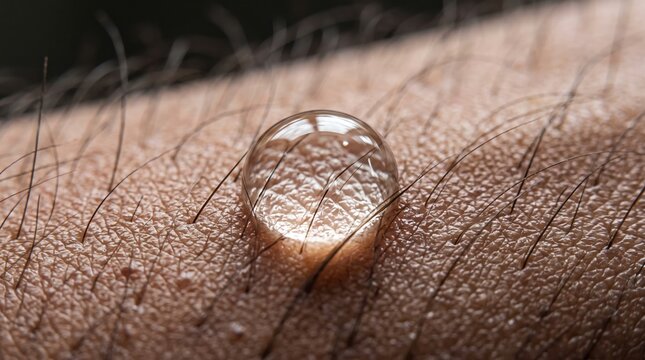 Macro shot of clear water droplet resting on human skin surface with moisture hydration cleansing cosmetic skincare