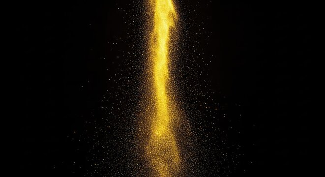 A single vertical beam of golden light descends into deep darkness, surrounded by shimmering dust particles representing hope and success, magic, growth, abstract