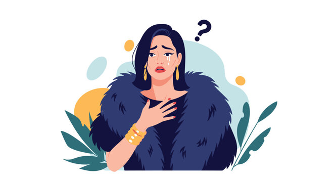 Elegant woman in a dark blue fur coat looking sad and confused with a question mark floating above her head.