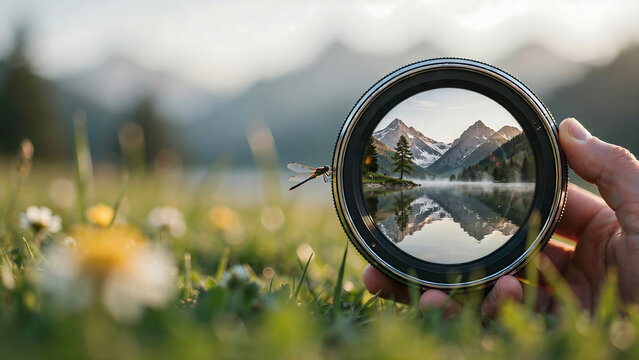 World photography day mountain lake view through camera lens nature focus