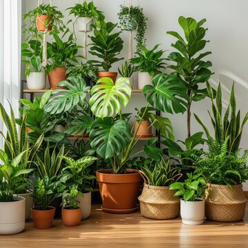A vibrant indoor sanctuary filled with an abundance of lush green potted plants, creating a serene and cozy botanical oasis within a home, growth, decor, tropical
